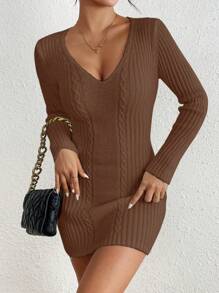 Chiquease 女式纯色 V 领长袖简约短款休闲毛衣连衣裙