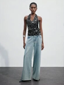 SHEIN Maija 优雅都市时尚女士黑色闪亮亮片装饰上衣，适合返校、节日派对和度假，秋冬新品