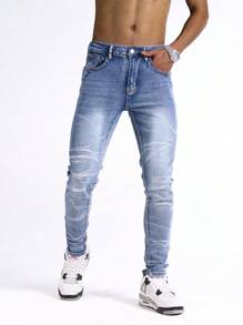 Manfinity Homme 男式撞色口袋拉链紧身休闲牛仔裤 - 中等水洗藍 - 查看 6