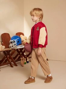 PrepCrw Young Boys' Autumn/Winter Collegiate Style Burgundy And Khaki Embroidered Letter Knitted Fleece Patchwork Crew Neck Jacket, Back-To-School - Multicolor - View 4