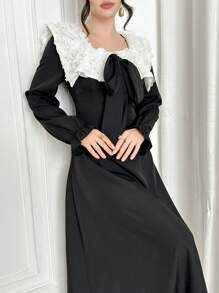 Modelyn 1 pieza Vestido elegante de mujer con patrón floral 3D, cuello empalmado, cintura larga y volante en el bajo, vestido largo de noche