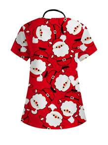 PopScrub 圣诞老人与白胡子卡通主题护理制服手术服上衣，圣诞节女式上衣 - 白色 - 查看 2