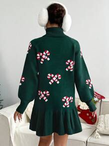 EMERY ROSE Women Christmas Warm & Comfy Candy Cane Print Lantern Sleeve Flared Hem Cute Sweater Dress Clothes - Army Green - View 2