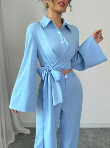 Elenzga 2 件套女士休闲纯色喇叭袖打结腰衬衫和裤子套装，秋季 - 藍色 - 查看 7