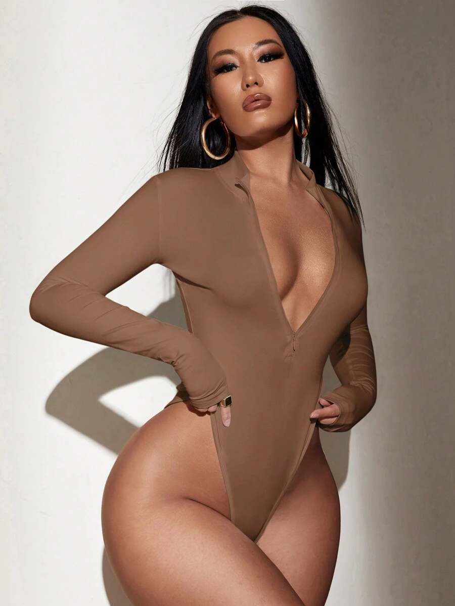 SHEIN SXY 春夏白色高腰拉链长袖紧身性感风骚女士连体衣