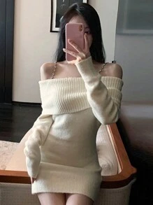 DAZY 女士纯色露肩长袖优雅毛衣连衣裙，秋冬露肩 - 米色 - 查看 4