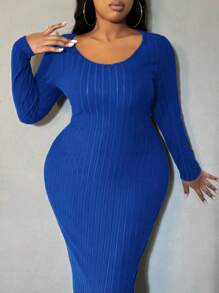 SHEIN SXY 大码纯色 V 领长袖简约长款休闲连衣裙 - 藍色 - 查看 8