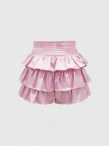 ROMWE Kawaii 女式可爱纯色弹性腰部多层荷叶边下摆短裤 - 粉色 - 查看 3