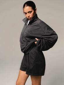 Athîral 2 Stücke/Set Damen Sommer Herbst Sport Lässig Tennis Muster Reißverschluss-Hoodie & Shorts Set - Grau - Übersicht 5