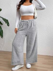 Flirla Quần ống rộng ống rộng buộc eo màu trơn cỡ lớn cho nữ - Xám - Xem 3