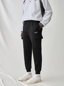 Manfinity VCAY Men's Knitted Fashion Casual Loose Solid Color Multi-Pockets Elastic Waist Long Pants - Black - View 1