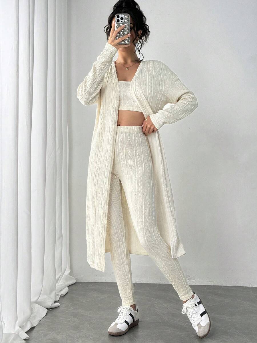 SHEIN Essnce 女士休闲扭纹纹理三件套，女士针织套装 - 背心、裤子和夹克，女士休闲家居，米色 - 米色 - 查看 1