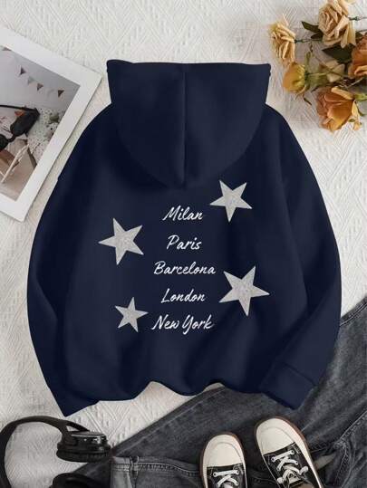 Sparklyn Teen Girl Letter Print Minimalist Hooded Sweatshirt, Casual For Daily Wear, Long Sleeve