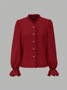 Vintamour Vintage Elegant Women's Shirt With Lace Patchwork, V-Neck Long Flare Sleeve Work Back To School Fall Blouse, Fall Teacher Winter Vintage Long Sleeve Shirt, Button Down Shirt Thanksgiving - Burgundy - View 3