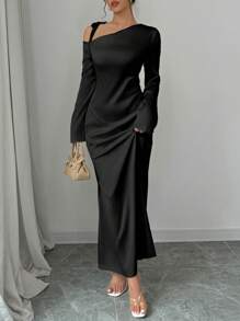 Elenzga 优雅时尚的不对称领口长袖连衣裙，奶油色 - 黑色 - 查看 5