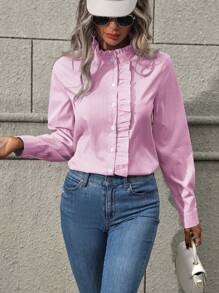 SHEIN LUNE 1 件女式前扣荷叶边条纹休闲衬衫，长袖简约日常穿着女式衬衫 - 粉色 - 查看 6