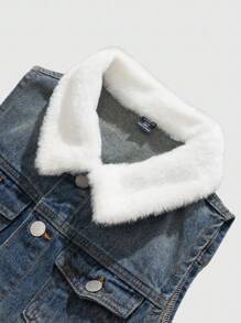 SHEIN 青少年男孩时尚休闲复古蓝色牛仔撞色天鹅绒领口设计，内衬增加保暖性，无袖夹克/外套，适合男孩日常服装，男孩酷装/男孩感恩节服装和秋冬童装