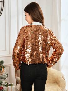 SHEIN Elegant Luxurious Glittering Gold Sequin Short Sleeve Jacket For Teenage Girls, Christmas Party Dress - Gold - View 2