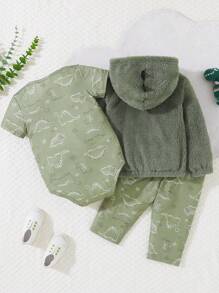 3pcs Baby Boys Outfit Set, Includes Dinosaur Print Romper, Flannel Jacket And Matching Pants, Comfortable, Practical And Fashionable For All Seasons