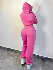 BamGleam 女士休闲日常抽绳连帽运动衫和运动裤套装，秋季 - 粉色 - 查看 2