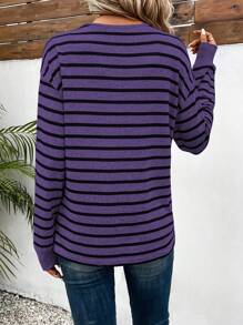 SHEIN LUNE 休闲撞色条纹落肩长袖T恤，秋季印花T恤，女士春季上衣 - 紫色 - 查看 2