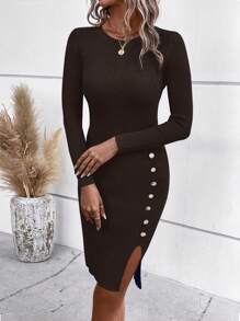 SHEIN Clasi Women Solid Ribbed Knit Split Hem Bodycon Sweater Dress In Fall/Winter