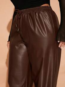 SHEIN BAE Plus Size Brown PU Elastic Waist Pants With Pockets, Suitable For Daily Wear,Brown Leather Pants,Halloween Women Costumes,Chocolate,Leather Cargo Pants