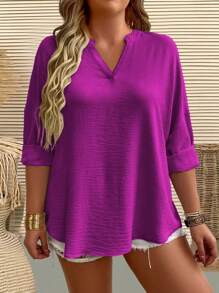 Plus Size Plain V-Neck Mid-Length Casual Shirt Fall Cloth For Women - Hot Pink - View 1