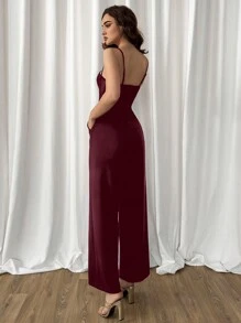 Aloruh Solid Color Mesh Contrast Hollow Out Sling Jumpsuit,Burgundy Nightclub Knitted Jumpsuit,Suitable For Daily Commutes And Summer Dates - Burgundy - View 2