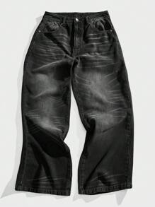 Forever 21 Quần Jeans Ống Thẳng Phong Cách Thường Ngày Cho Nam Màu Đen Đã Giặt, Họa Tiết Râu Mèo, Thích Hợp Mặc Vào Mùa Thu Đông - màu đen - Xem 2