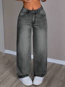 SHEIN PETITE Women Casual Washed Straight Leg Jeans, Suitable For Spring And Autumn - Dark Grey - View 6