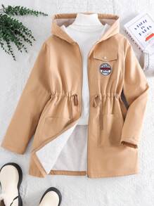 SHEIN Leap Crew Teen Girl's Khaki Thermal Lined Letter Pocket Hoodie Thick Warm Long Waist Coat, Autumn & Winter