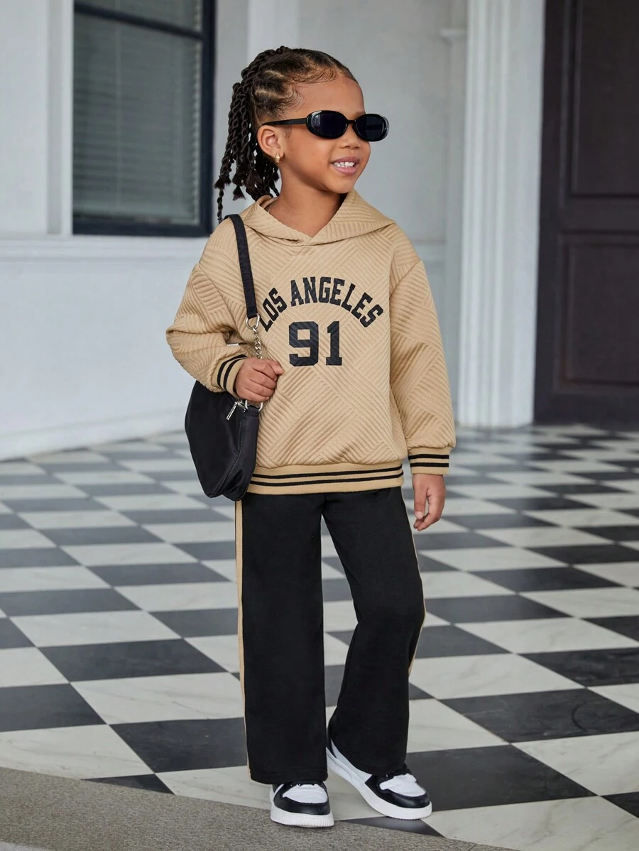 SHEIN Explorewe Ensemble casual 2 pièces pour jeunes filles, pull à capuche à manches longues avec imprimé lettres et pantalon. Automne - Multicolore - Voir 1