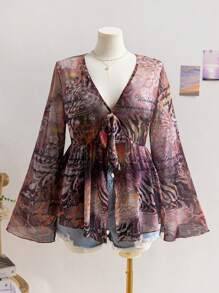 Soleia 大码女式秋季返校季豹纹花卉印花 V 领长袖上衣，度假装