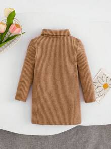 SHEIN Leap Crew 女宝宝秋冬可爱针织弹力高领长袖连衣裙 - 卡其色 - 查看 2