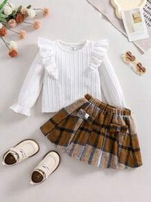 SHEIN 2pcs Baby Girl Knit Textured Long Sleeve Top With Ruffle Collar And Plaid Pleated Skirt Set, Autumn/Winter - White - View 1