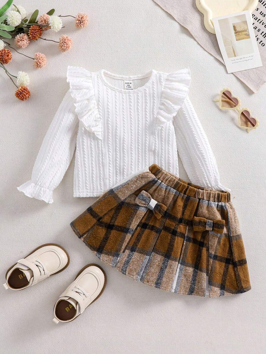 SHEIN 2pcs Baby Girl Knit Textured Long Sleeve Top With Ruffle Collar And Plaid Pleated Skirt Set, Autumn/Winter - White - View 1