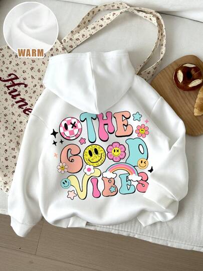 SHEIN Leap Crew 青少年女孩休闲可爱卡通笑脸，“THE GOOD VIBES”字母印花白色长袖连帽运动衫，适合秋冬季