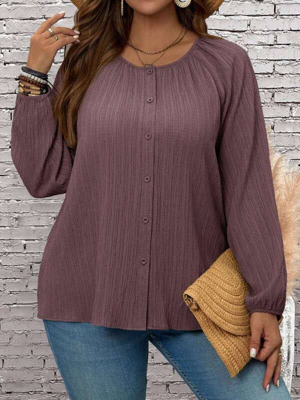 EMERY ROSE Plus Size Women's Solid Color Round Neck Raglan Sleeve Single Breasted Casual Shirt, Autumn