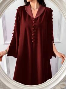 Al Najma Burgundy Red Women's Solid Color Button Decor Split Hem Loose Long Sleeve Elegant Arabian Modest Dress - Burgundy - View 1