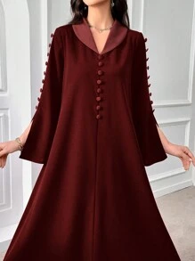 Al Najma Burgundy Red Women's Solid Color Button Decor Split Hem Loose Long Sleeve Elegant Arabian Modest Dress - Burgundy - View 3