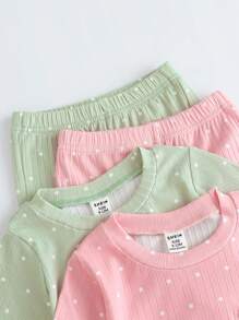 SHEIN 2 件装婴儿秋季圆领长袖休闲兔子印花上衣和波尔卡圆点长裤套装 - 彩色 - 查看 6