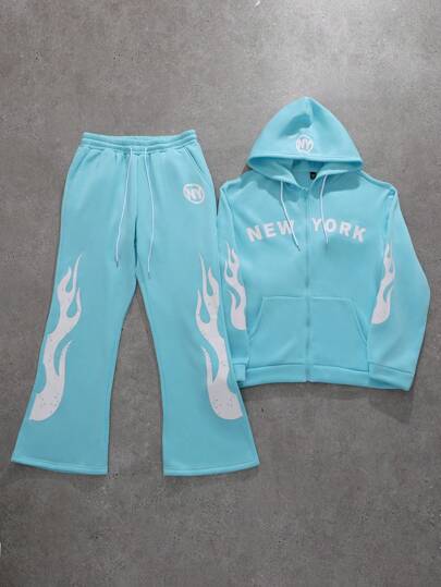 Manfinity EMRG Plus Size Men Sports Casual Flame & Letter Print Drawstring Hooded Sweatshirt And Sweatpants Set, Autumn,Men Tracksuit