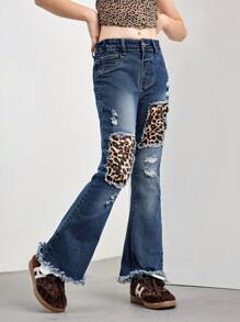 Jeans flare desgastado bordado com estampa de leopardo e lavagem escura para meninas