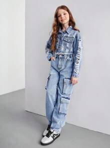 Ensemble veste en jean délavé bleu déchiré + pantalon en jean pour filles