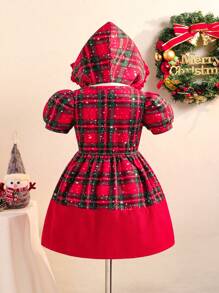 SHEIN Robe de princesse décontractée de Noël en tartan rouge pour filles - avec chapeau, robe à carreaux rouges avec chapeau assorti, ambiance festive. Convient aux filles de 4 à 7 ans, coupe de jupe généreuse, accents de nœud rouge, mignonne et vivante. Convient pour Noël, les fêtes et autres occasions spéciales, mettant l'enfant à l'honneur. Automne/Hiver. - Rouge - Voir 2
