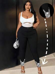 Slaydiva Casual Fashion Plus Size Women Rhinestone Decorated Tight Leggings - Dark Grey - View 3