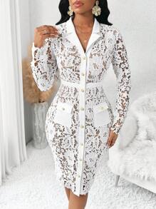 SHEIN Lady Vestido de convidado de casamento de primavera e verão, elegante, branco, manga comprida, contraste, renda, vestidos femininos - Multicolorido - Ver 2