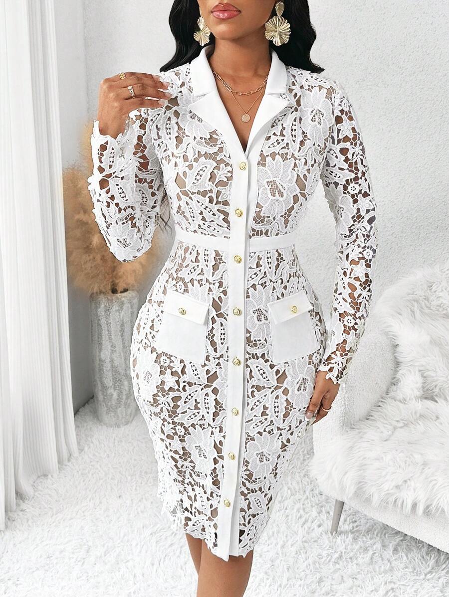 SHEIN Lady Vestido de convidado de casamento de primavera e verão, elegante, branco, manga comprida, contraste, renda, vestidos femininos