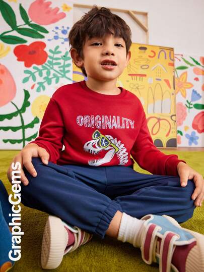 2pcs/Set Young Boy Sunglasses Dinosaur Print Crew Neck Sweatshirt And Sweatpants Set